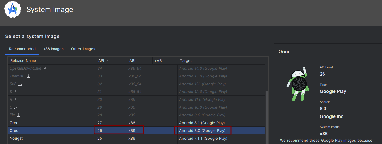 Selección de imagen de sistema Oreo