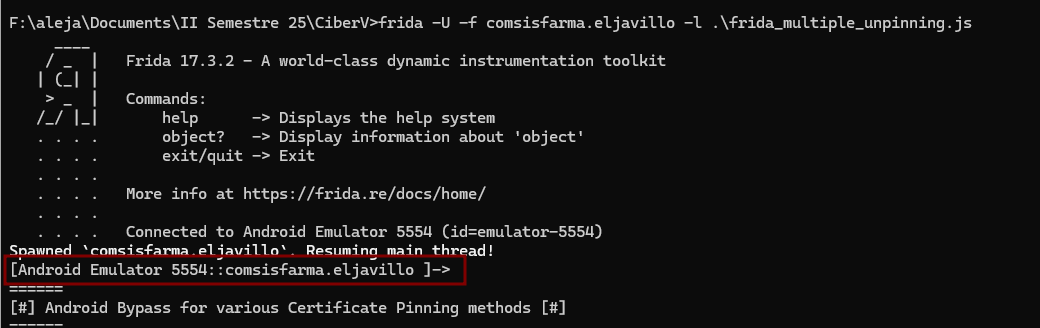 Salida inicial del hook con frida